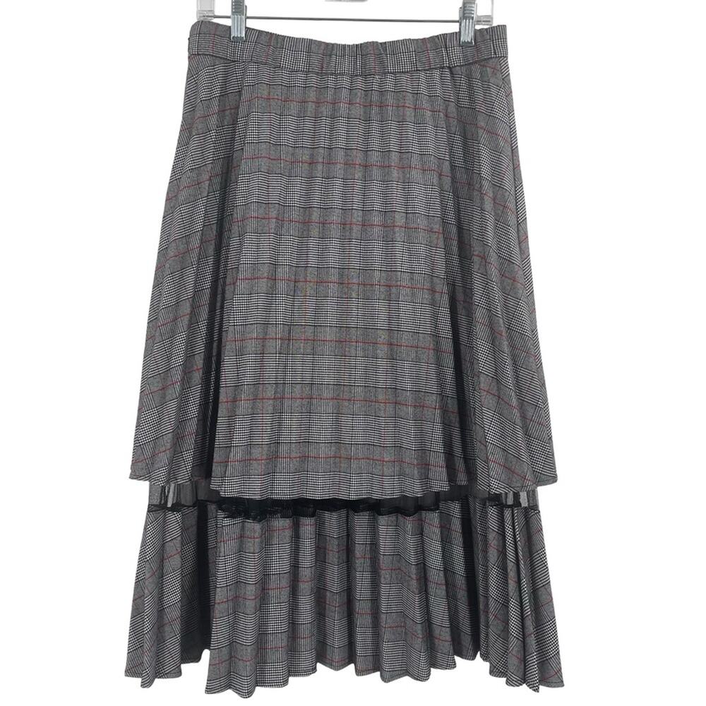 7th Avenue grey plaid tiered pleated midi skirt with a black lace trim medium